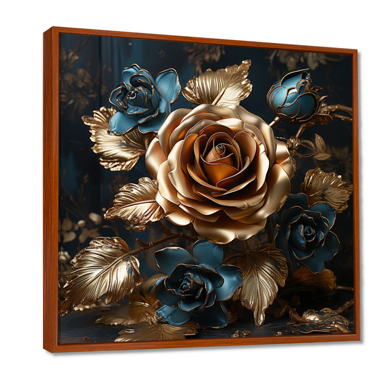 «Golden Rose», impression d'art mural «Roses», Toile avec cadre flottant brun, H 16 po x l 16 po x P 1 po