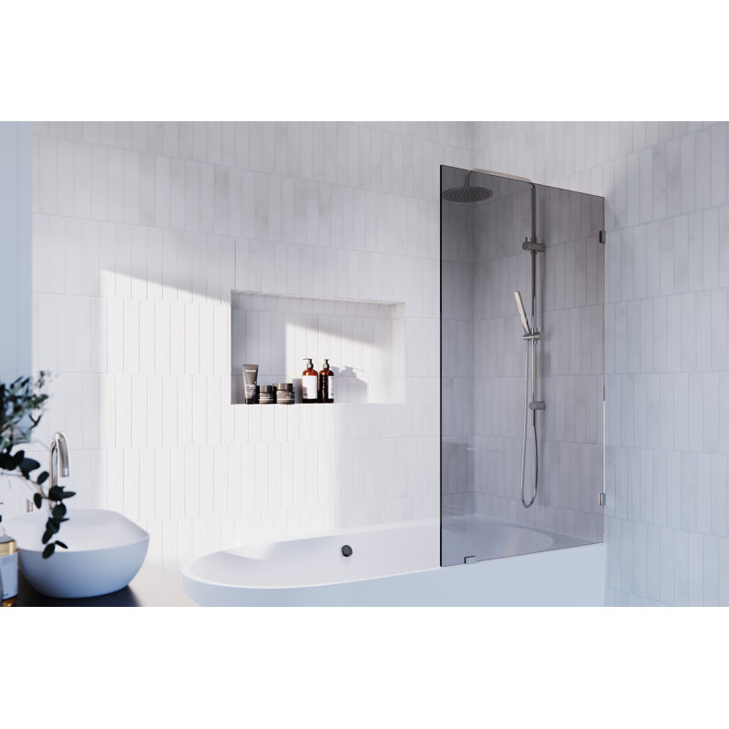 Ursa 34 in. x 58.25 in. Frameless Gray Tinted Single Fixed Bath Panel, Polished Nickel