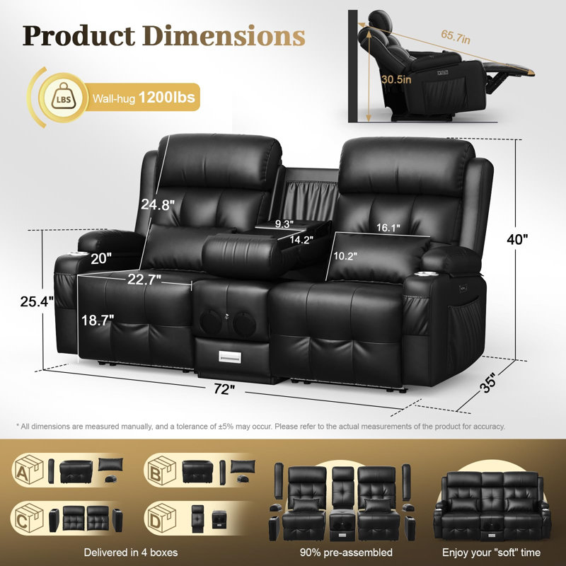 Canapé inclinable électrique avec console Wall Hugger, fauteuil inclinable en similicuir pour véhicule récréatif, sièges de cinéma maison avec chauffage et massage, haut-parleur Bluetooth, lumière DEL, ports USB et de type C, accoudoirs de rangement