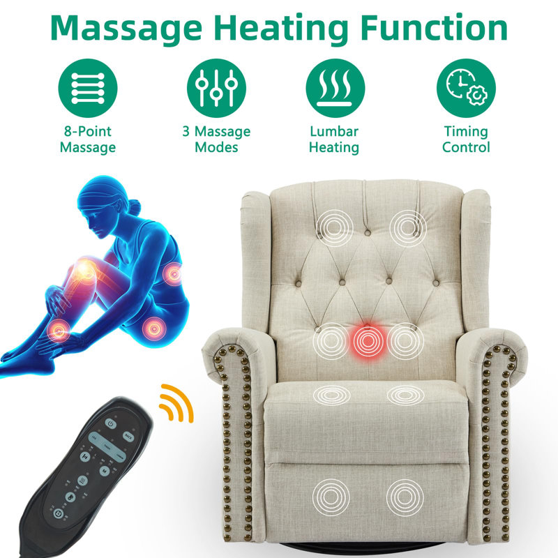 Vivijason Power Swivel Rocking Recliner Chair With Massage & Heat, Electric Rocker Nursery Glider Chair, Wingback Tufted Upholstered Recliner W/Type-C & Usb Ports For Living Room, Bedroom, Beige