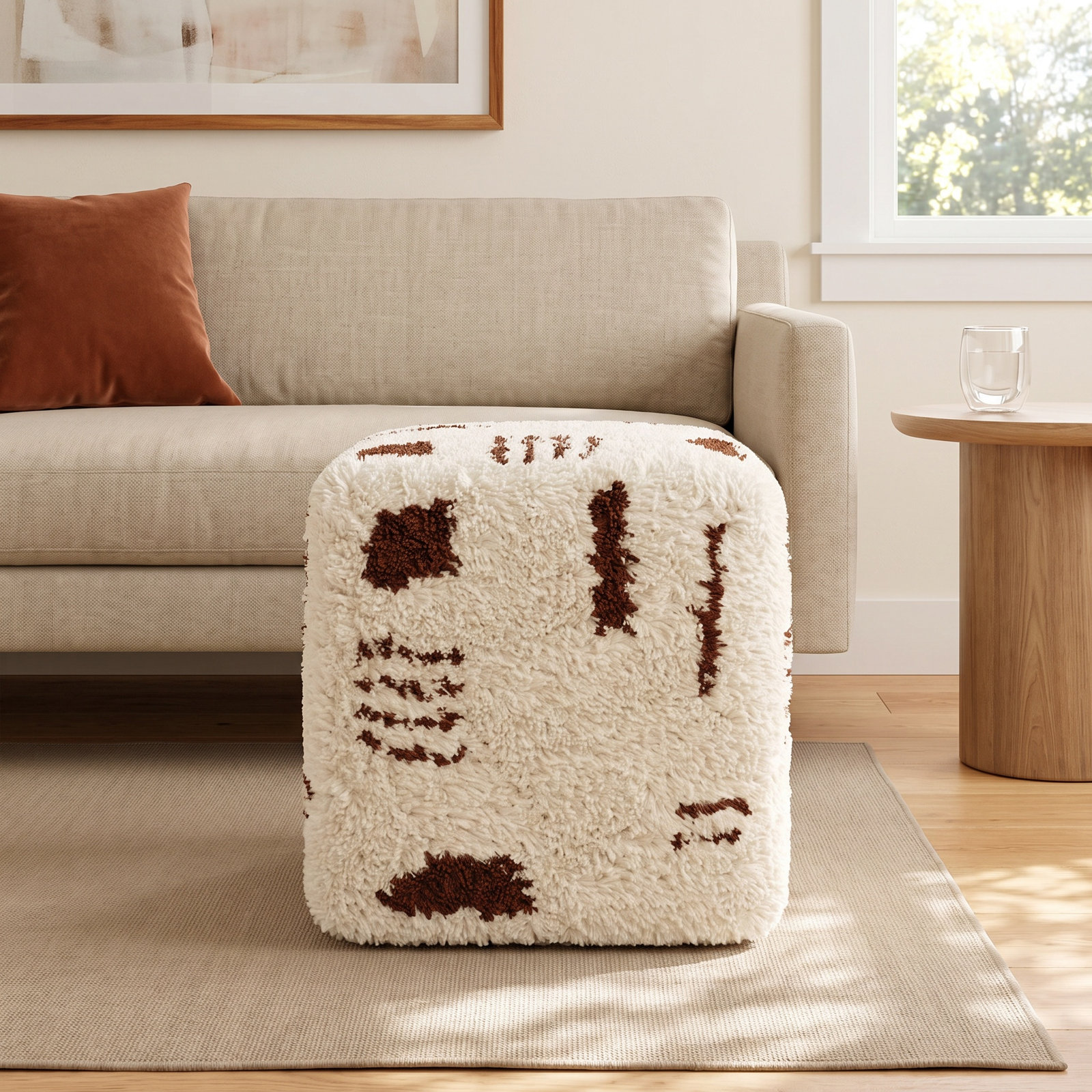 Tuaca Upholstered Pouf, Cream Boucle