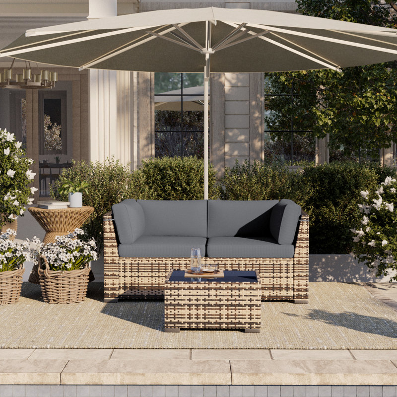 Outdoor Wicker Patio Loveseat Sofa With Cushions, All-Weather PE Rattan Outdoor Couch With Adjustable Feet, Anti-Slip Cushions & Modern Side Table For Porch, Backyard