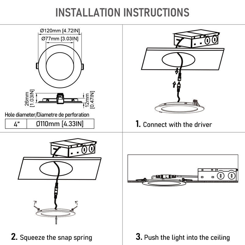 Éclairage encastré 4 pouces 5 cct à DEL, CRI 90, 9 W, lumière ultra-mince, à intensité variable, homologué ETL