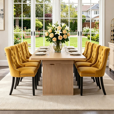 Ensemble table et chaises extensibles de 200 cm pour 8 personnes avec chaises capitonnées en velours, style champêtre, en bois brun, avec base de rangement