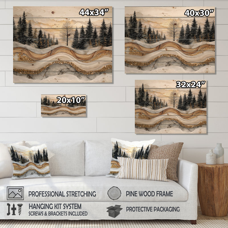 Paysage d'hiver sur un arbre au sommet d'une rivière en cristal - Art mural en bois forêt - sur bois de pin naturel