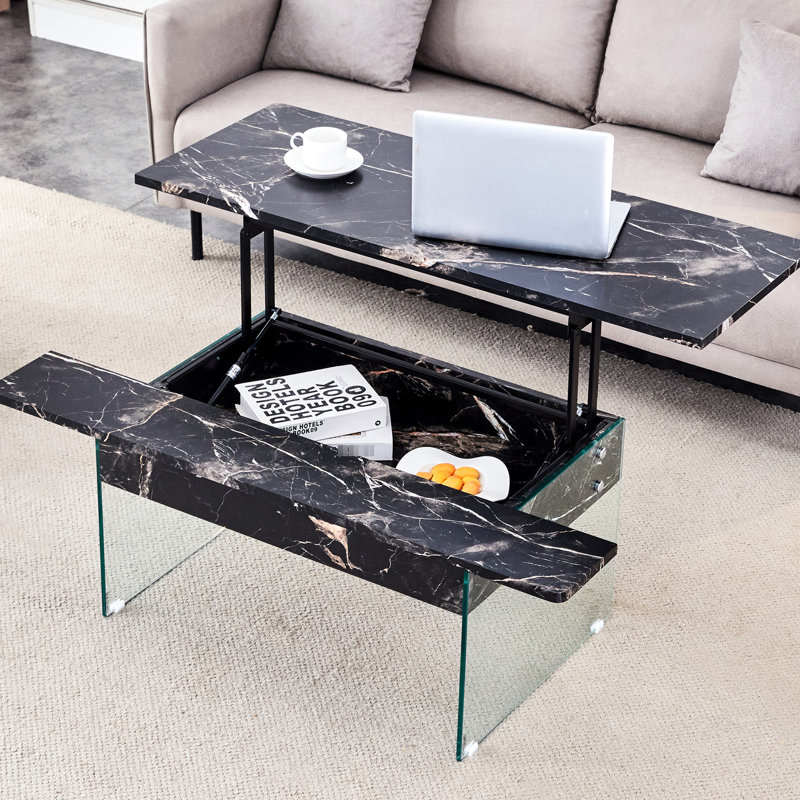 Bureau à plateau relevable multifonctionnel en marbre noir - pieds en verre trempé, table basse ergonomique antidérapante avec motif et plusieurs options de couleurs