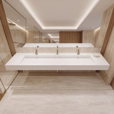 Pyramid 84" Wall Mounted Rectangular Solid Surface Trough Bathroom Sink in Matte Finish - White