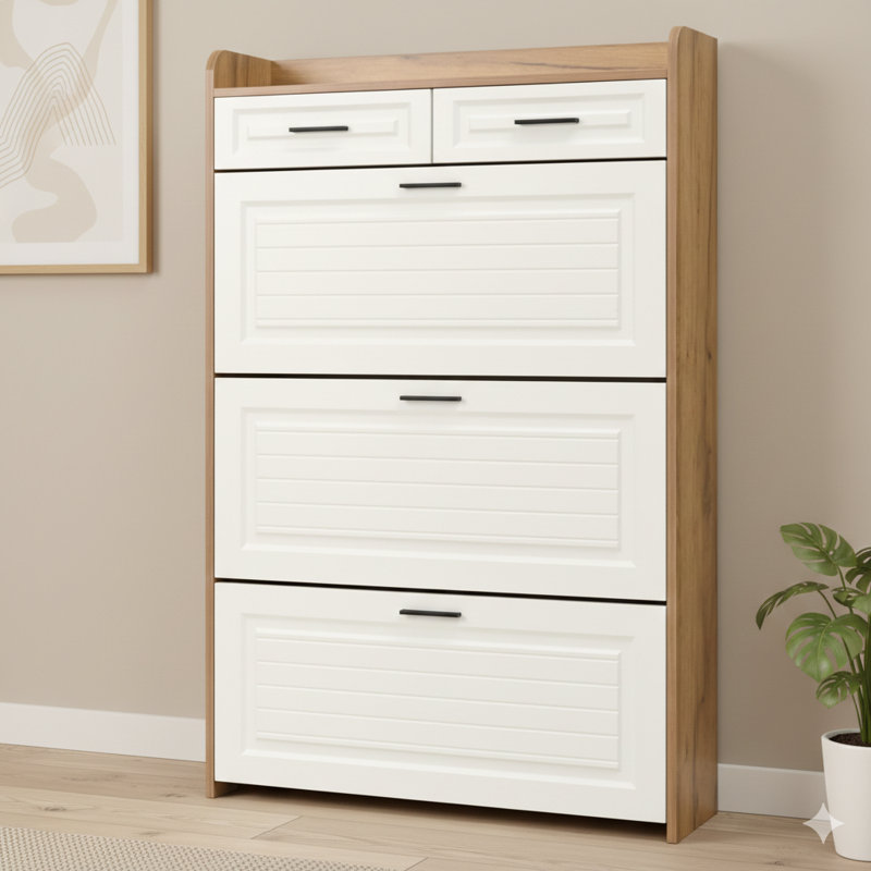 Shoe Cabinet With Three Concealed Flip-Up Doors And Two Standard Drawers, Particle Board Narrow Storage Unit, Freestanding Organizer For Entryways And Hallways (White And Walnut Combination)