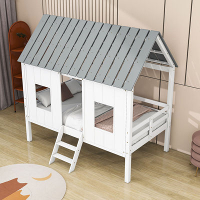 Lit mezzanine simple pour enfants avec toit et deux fenêtres à l'avant