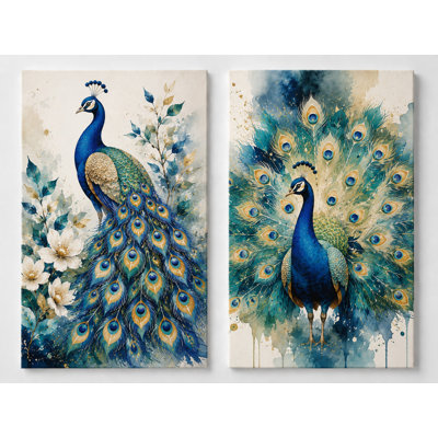 Grand ensemble de 2 paon bleu, reproduction d'art sur toile, aquarelle, oiseau, moderne, glamour, salon, chambre à coucher, impression sur toile 16 x 24 pouces - prêt à être accroché