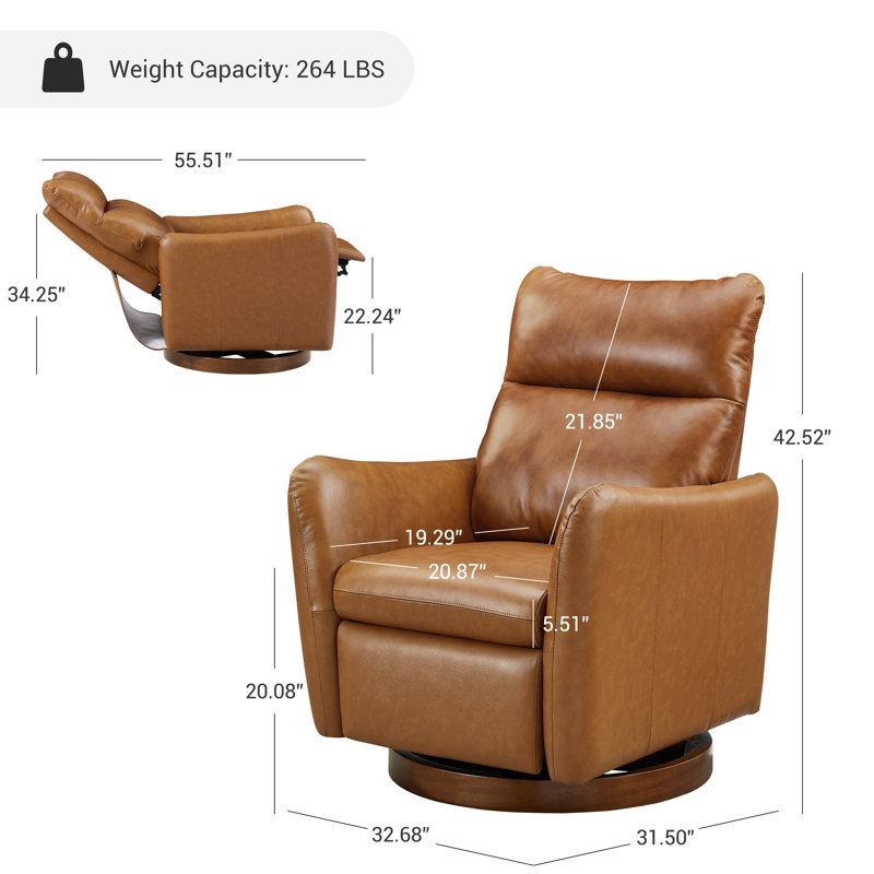 Maxine 32.7'' W Swivel Top-Grade Leather Manual Push Back Recliner with Solid Wood Base
