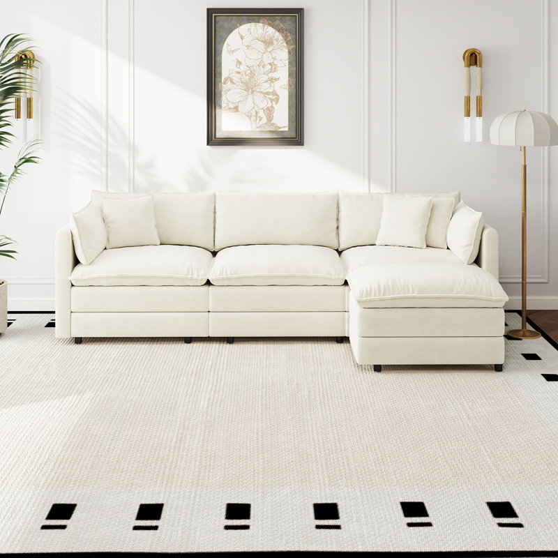 Canapé-lit en chenille moderne avec repose-pieds, Chenille beige, H 33,85 po x l 112,2 po x P 35,82 po