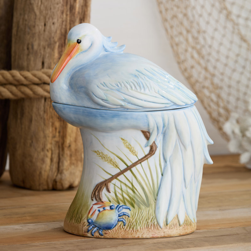 Bocal à biscuits 3D Coastal Birds, pot à oiseaux en céramique conçu par un artiste avec couvercle, scène de marais bleu ciel