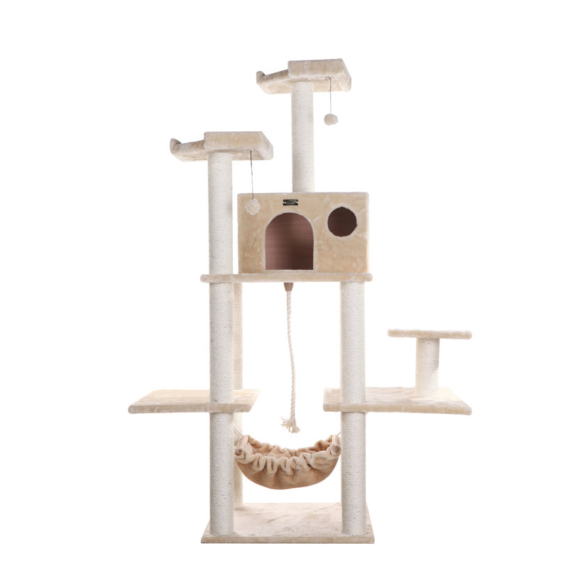 Beige Faux Fur Multi-Level Cat Tree with Sisal Posts