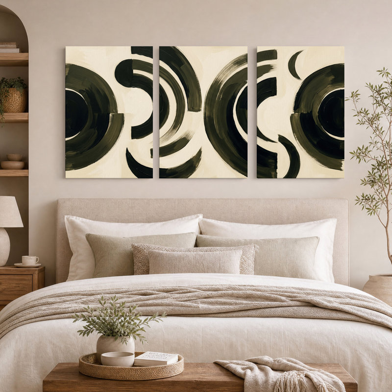 Ensemble de 3 toiles murales abstraites à coups de pinceau noirs sur fond crème, 36"H x 24"W x 3pcs