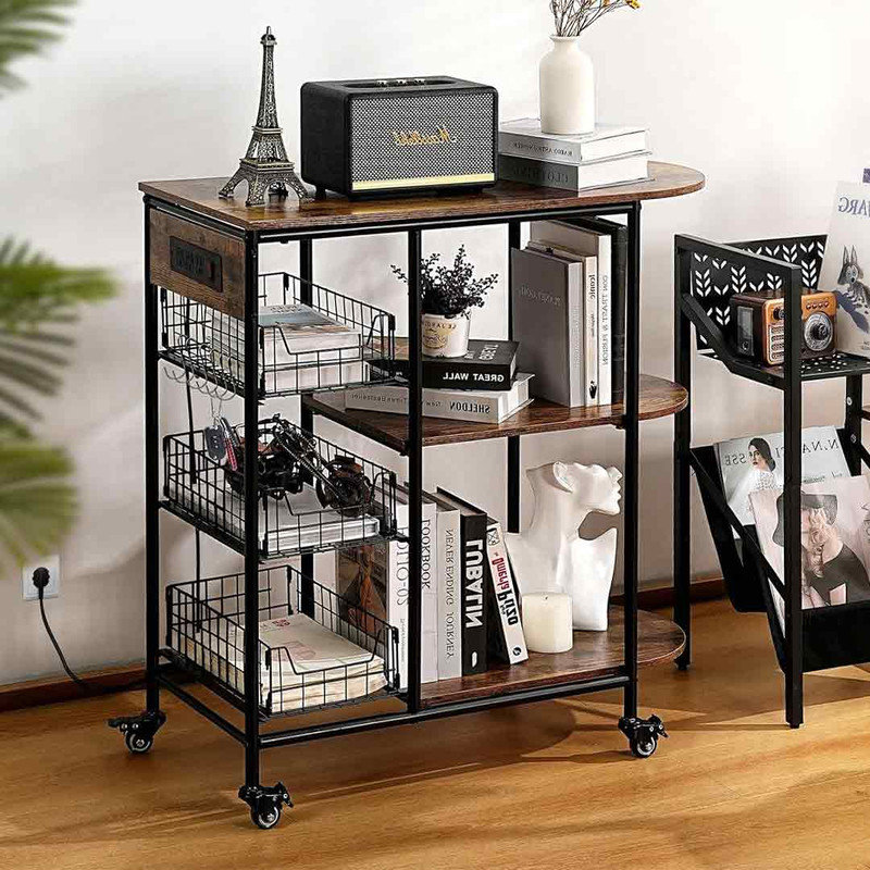 17 Stories Kitchen Bakers Rack with Power Outlet, Microwave Stand with 3 PullOut Fruit Basket