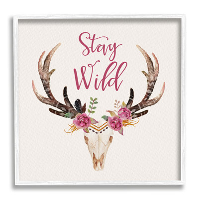 «Stay Wild Boho Chic Floral Deer Skull», impression sur cadre en bois aggloméré