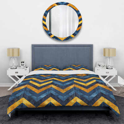 Ensemble de housse de couette moderne à motif de chevrons bleu et or III