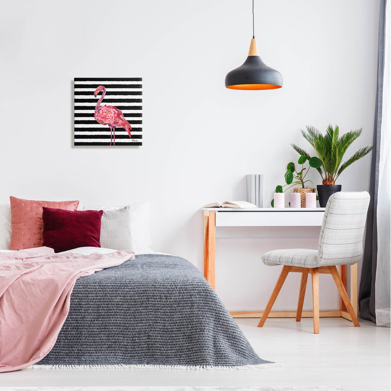 «Blossoming Pink Flamingo Stripes», art numérique par Paul Brent, H 17 po x l 17 po x P 1,5 po, Estampe numérique Farmhouse