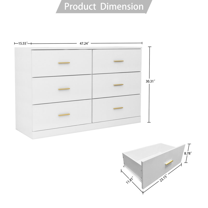 6 Dresser For Bedroom - Ample Room, Build In White Finish Contemporary Whitewash Smooth & Functional