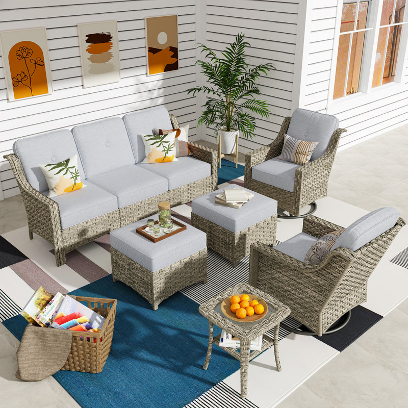 5 - Person Outdoor Conversation Set, Wicker Patio Sofa & Swivel Chair Set with Cushions, Light Gray