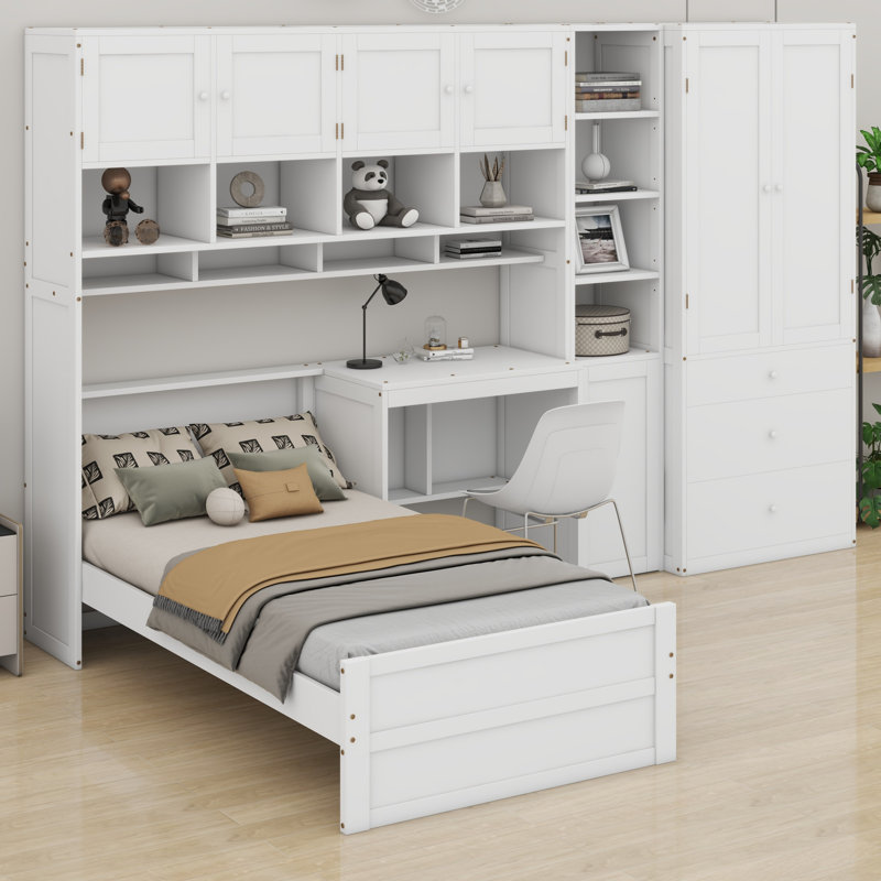 Lit plateforme en bois avec bureau, armoire, armoires, tiroirs et tablettes, Blanc