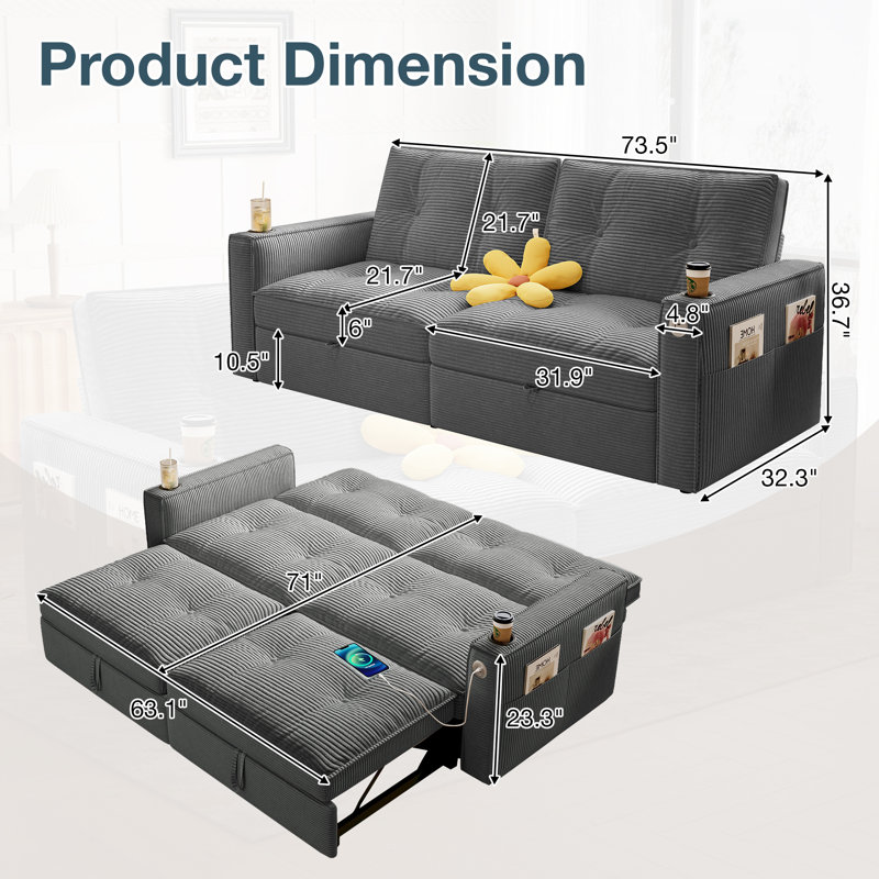 Canapé-lit 73,5 "avec canapé-lit et canapé-lit convertible en velours côtelé 3 en 1 avec chargement USB et porte-gobelets, poche latérale et dossier réglable