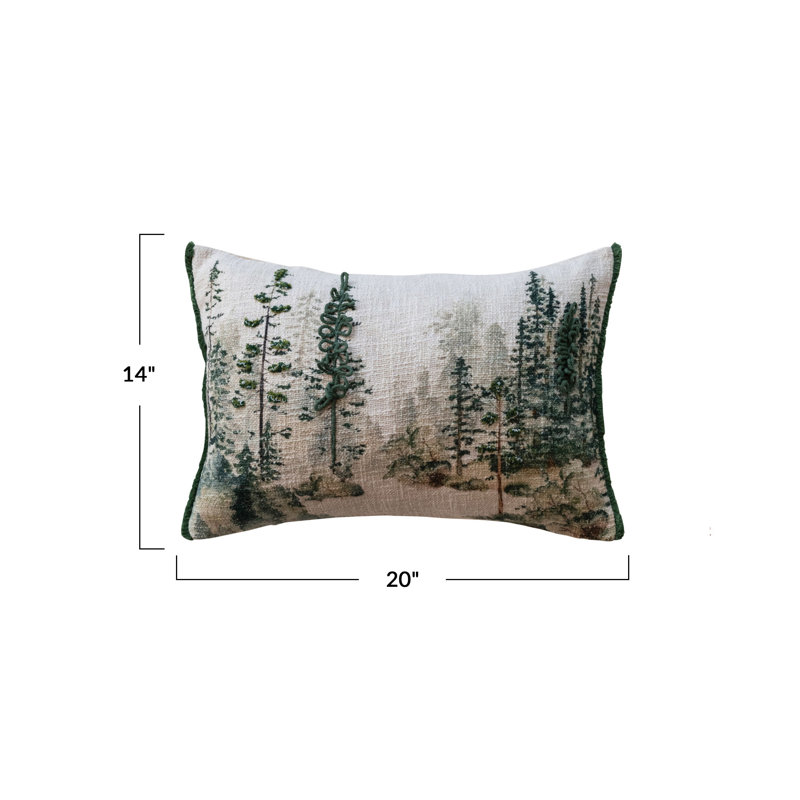 Coussin en coton à imprimé lombaire avec arbres et broderie