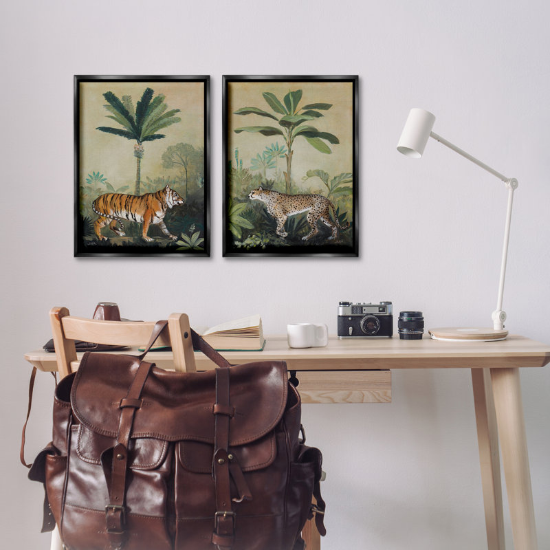 «Tiger Cheetah Jungle Forest», ensemble de 2 toiles flottantes encadrées par Julia Purinton, Cadre flottant noir de jais