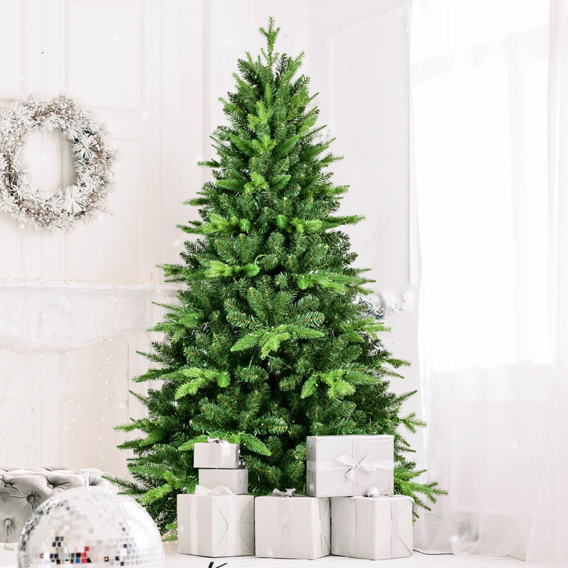 Arbre de 5 pi avec 250 lumières à DEL blanc chaud, 850 pointes de forme réaliste, mélange Pe + pour un aspect naturel et une utilisation à long terme, conception de charnière en métal, décor de Noël réaliste, pleine durabilité