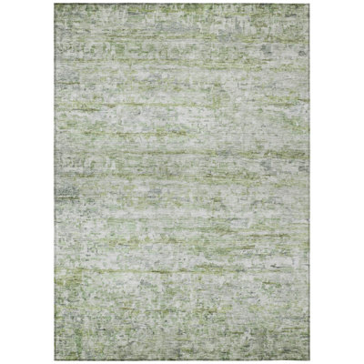 10' X 14' Artichoke Green And Ivory Striped Washable Indoor Outdoor Area Rug