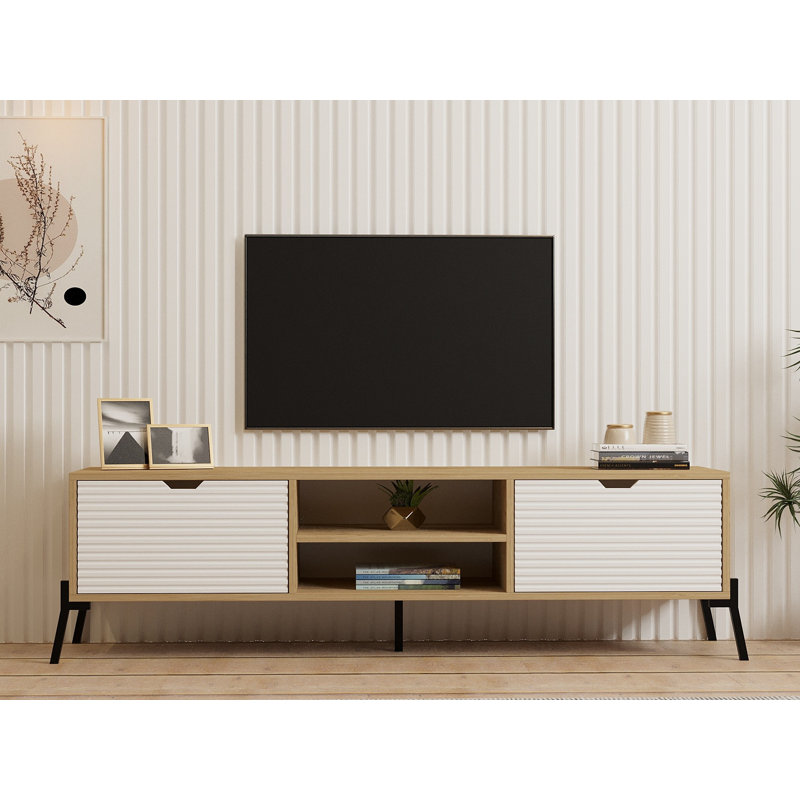 Meuble télé élégant avec pieds en fer, 63,0 x 16,1 x 16,0 pouces, chêne saphir et blanc | 100% panneau de particules enduit de mélamine, portes de revêtement en panneau de fibres à densité moyenne | Vaste espace de rangement avec plusieurs tablettes, design moderne pour le salon