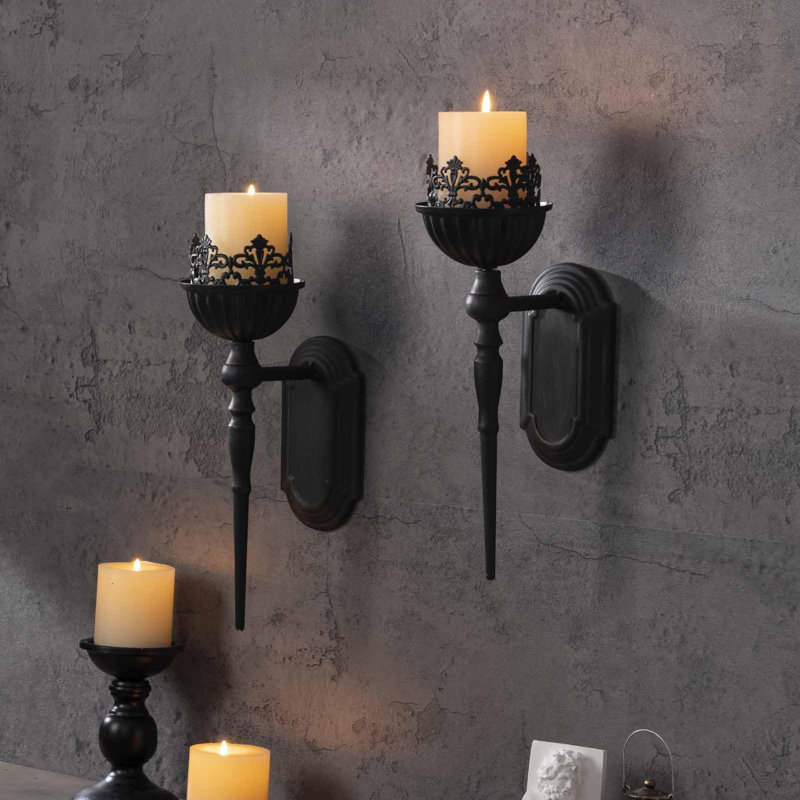 Black Iron and Wood Crown Design Wall Sconce Candle Holders, Set of 2