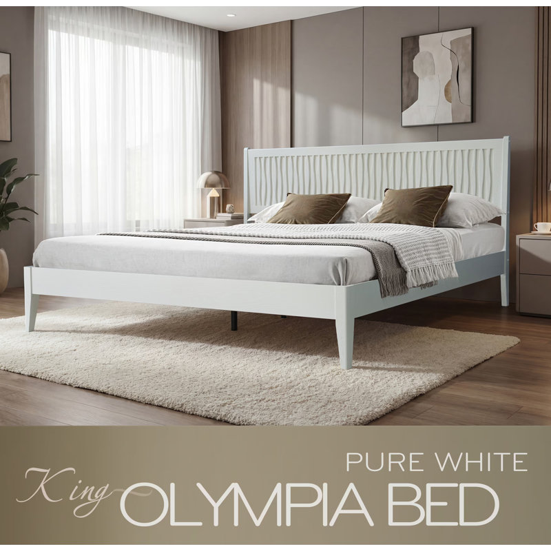 King Size Solid Wood Platform Bed Frame, Headboard & Footboard, Center Metal Legs, 12 Durable Slatted Structure, No Box Spring Needed, Anti-Slip & Noise-Free, Easy Assembly, Pure White Finish