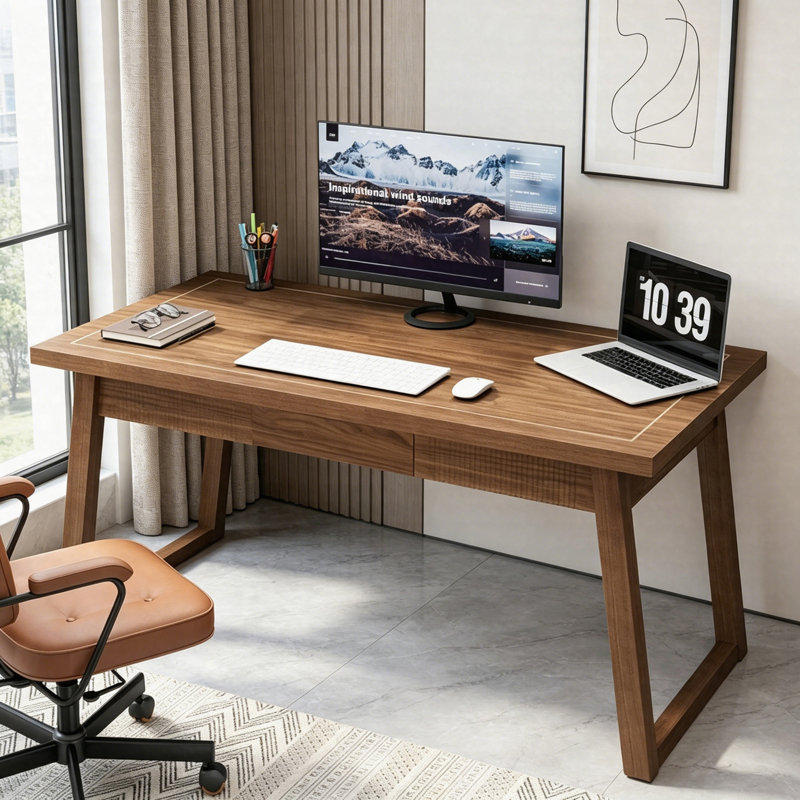 55" Wood Computer Desk, Mid-Century Modern Study Writing Table With Drawer