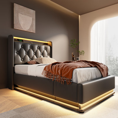 Modern Upholstered LED Platform Bed with 360° Surround Lighting | Button/App/Remote Control | Hydraulic Storage & USB-C Charging