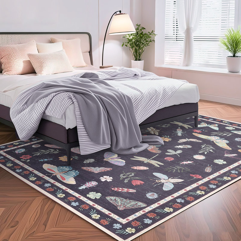 Insect Floral Area Rugs Modern Accent Carpet with Non-Slip Backing, Stain-Resistant Low Pile Floor Cover, Machine Washable Ultra-Soft Indoor Mat for Living Room, Bedroom, Kitchen