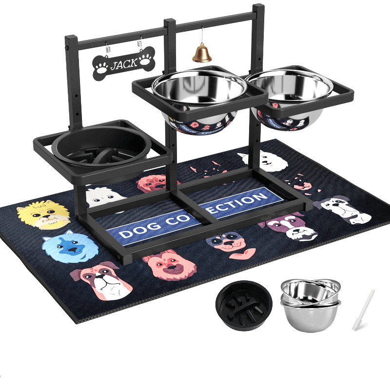 6 supports surélevés réglables avec tapis, bol à alimentation lente et trois bols de 1700 ml pour les animaux de grande taille et les animaux de compagnie multiples