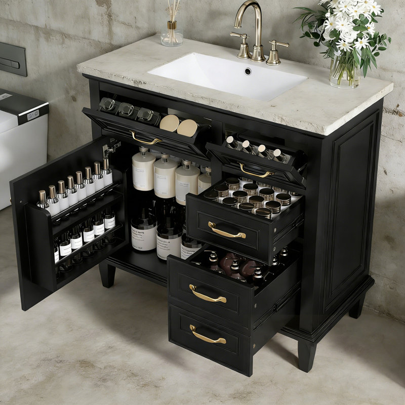 Bathroom Vanity with Sink, Flip Drawers and Adjustable Shelf, Black