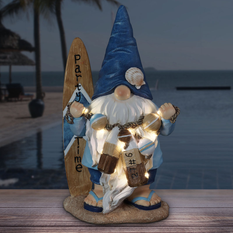 Statue de gnome de jardin peinte à la main Exhart Solar Surfer Beach avec planche de surf Party Time