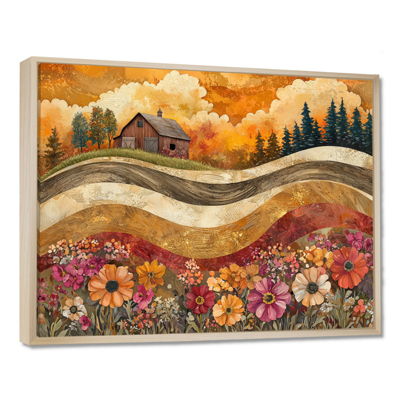 Assortiment de bouquets de fleurs, paysage de grange III - campagne, art mural, Cadre flottant, Crème, crème