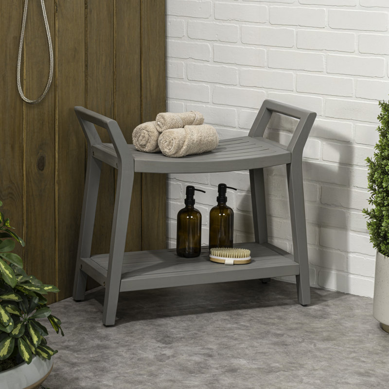Orla Modern 25.5" Gray Acacia Wood Shower Bench with 2-Tier Storage Shelf, Spa Bath Stool Seat for Bathroom & Indoor/Outdoor