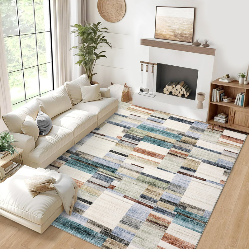 Modern Geometric Machine Washable Rug with Non-Slip Backing Non-Shedding Contemporary Accent Carpet Soft Low Pile Floor Cover for Living Room