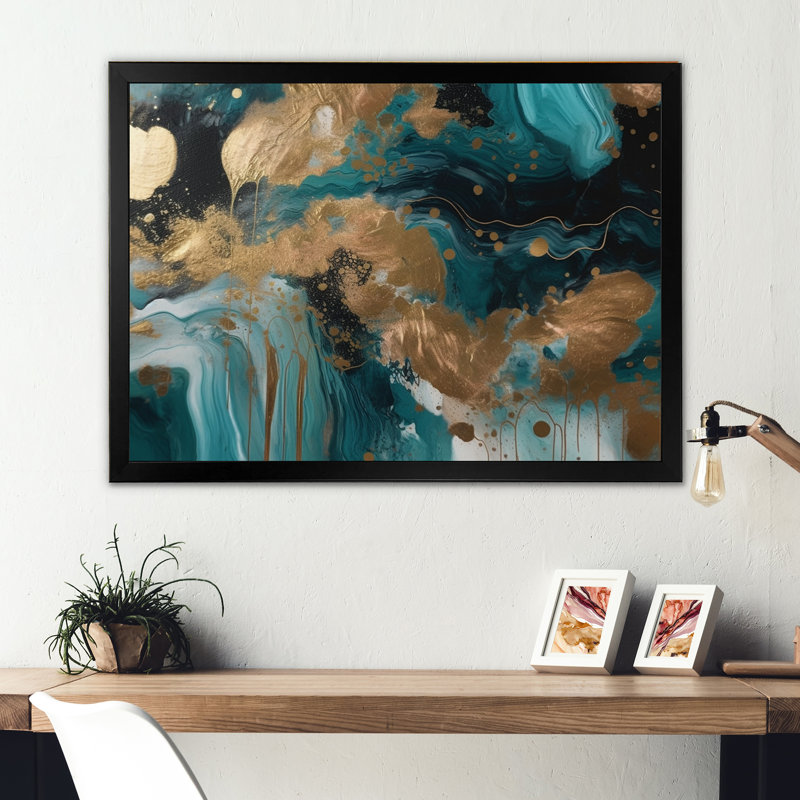 «Green and Gold Mysterious Marble I», reproduction d'art sur toile, H 12 po x l 20 po x P 1 po, Cadre photo noir