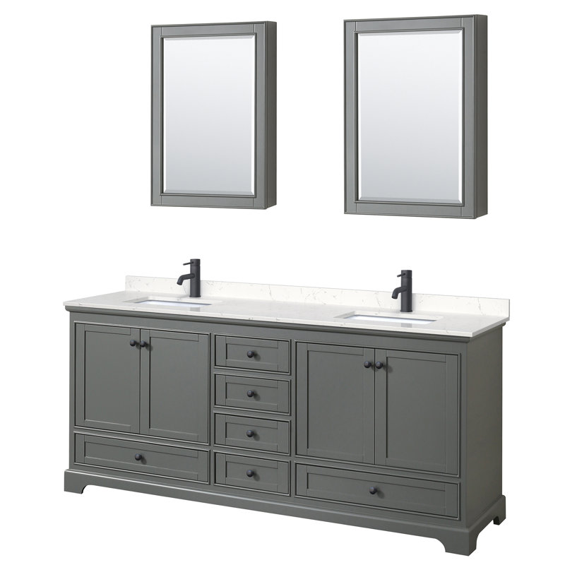 Ensemble de meuble-lavabo double 80 "avec miroir Deborah, Marbre de culture de Carrare, Gris foncé, Chrome poli