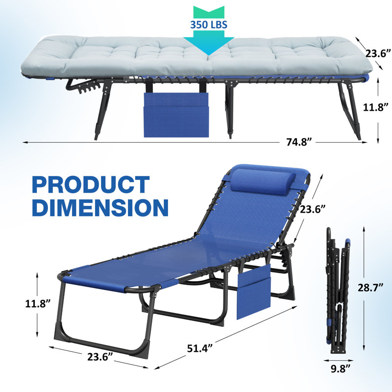 Chaise longue d'extérieur avec coussin, chaise longue de patio à hauteur ajustable (ensemble de 2), Bleu