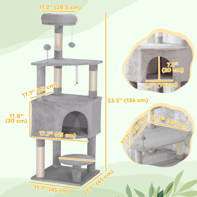 Arbre à chat 54 po avec grand condo confortable, perchoir supérieur moelleux, gris clair