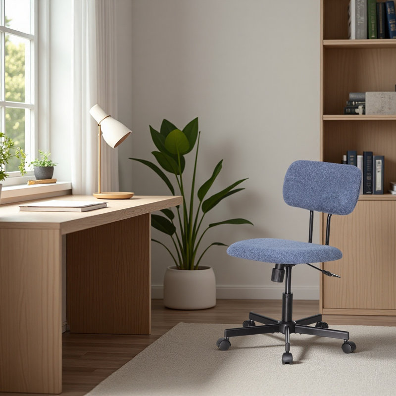 23'' Lamb Wool Armless Task Chair - Adjustable Swivel with Tufted Back, Blue, No