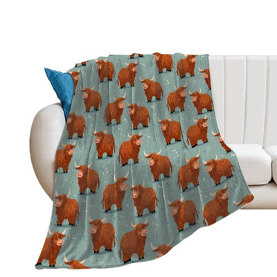 Highland Cow Pattern Novelty Flannel Throw Blanket | Funny Soft Lightweight Blankets for Bed Couch Sofa, 60 x 80 in