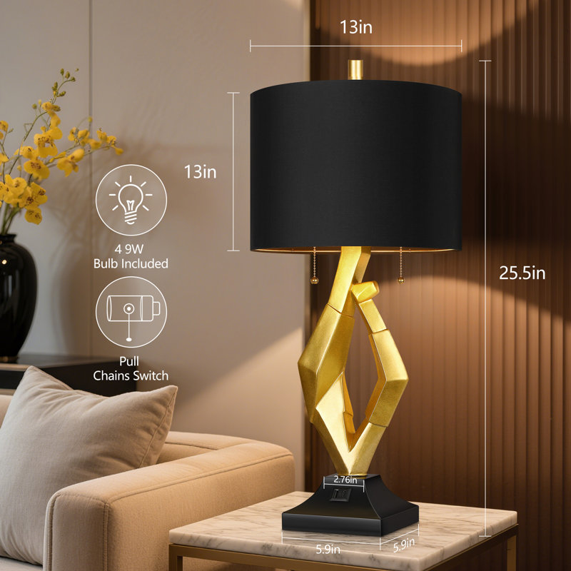 25.5in Gold Nightstand Resin Lamps With Black Shades Set Of 2